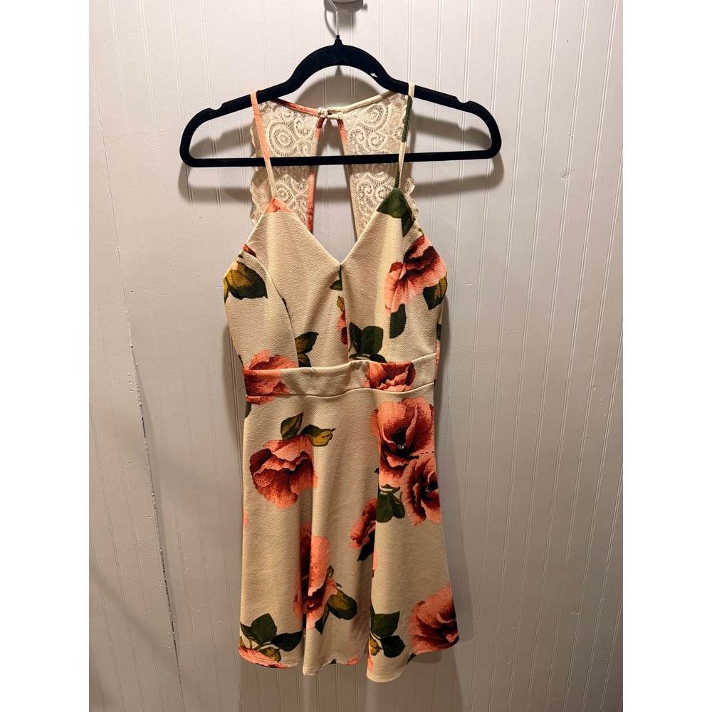 Blu Pepper Floral Lace Back Skater Mini Dress Peach Cream V-Neck Sleeveless S